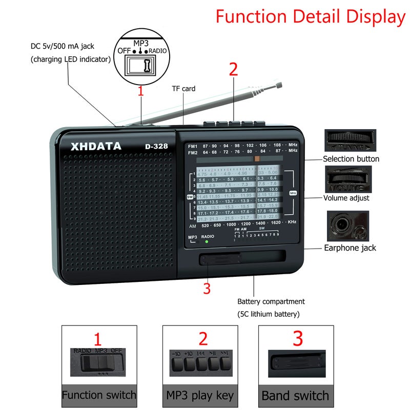 XHDATA D-328 Shortwave AM FM DSP Portable Small Multi Band Radio Stereo MP3 Player with Rechargeable Battery Earphone Jack Portable Multimedia Speaker with USB Micro SD Card Jack (Black) - Image 3